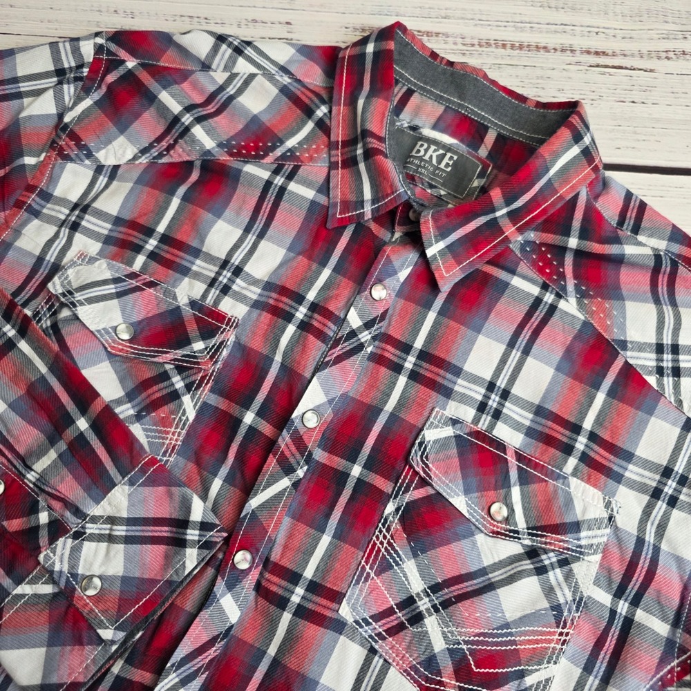 BKE Mens Athletic‎ Fit Plaid Pearl Snap Western Shirt XXL Red White Thick Stitch
